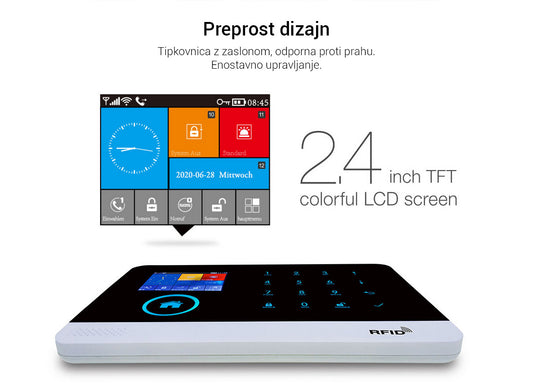 Naklikaj.si PGST pametni brezžični alarmni sistem Wi-Fi + GSM (RFID, aplikacija Tuya) vključuje ploščo z zaslonom na dotik, 2 črna ključa, 2 daljinca, 3 senzorje gibanja, 6 senzorjev vrat/oken, gumb SOS, sireno, napajalnik in baterijo LiOn.