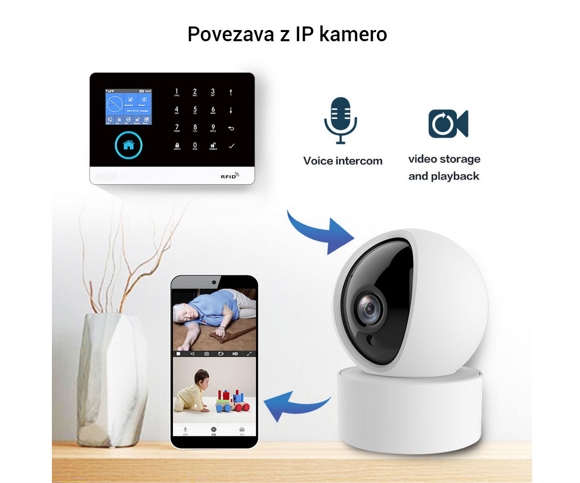 Naklikaj.si PGST pametni brezžiÄni alarmni sistem Wi-Fi + GSM (RFID, aplikacija Tuya) vkljuÄuje ploÅ”Äo z zaslonom na dotik, 2 Ärna kljuÄa, 2 daljinca, 3 senzorje gibanja, 6 senzorjev vrat/oken, gumb SOS, sireno, napajalnik in baterijo LiOn.