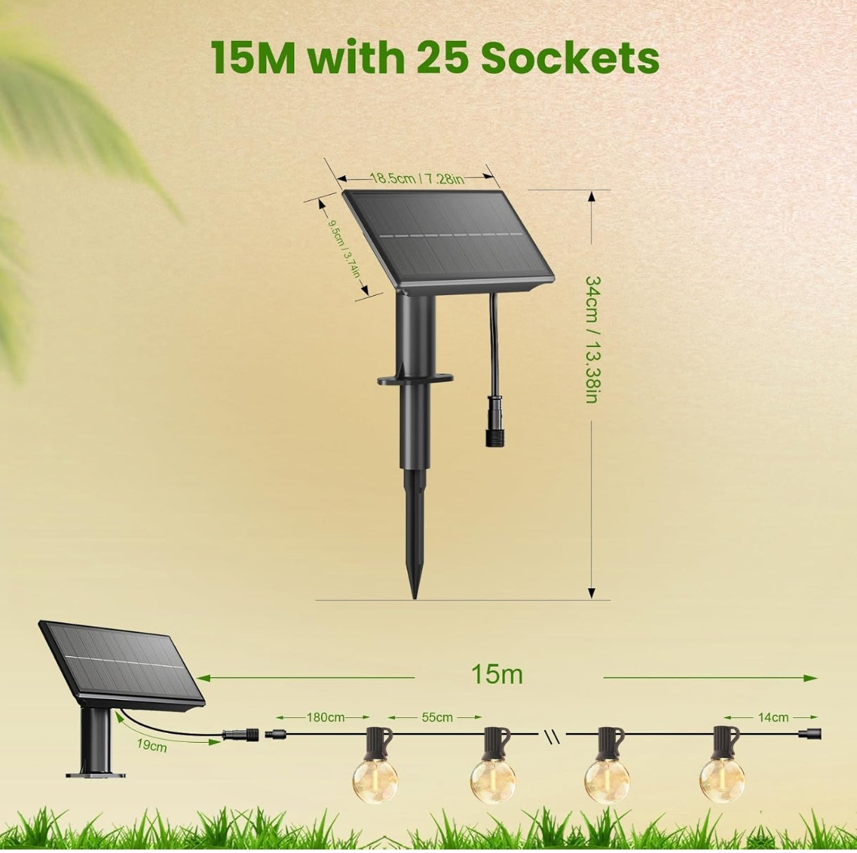 💡 Solarne verižne luči 15 m – 25+1 LED G40, USB + sončno polnjenje