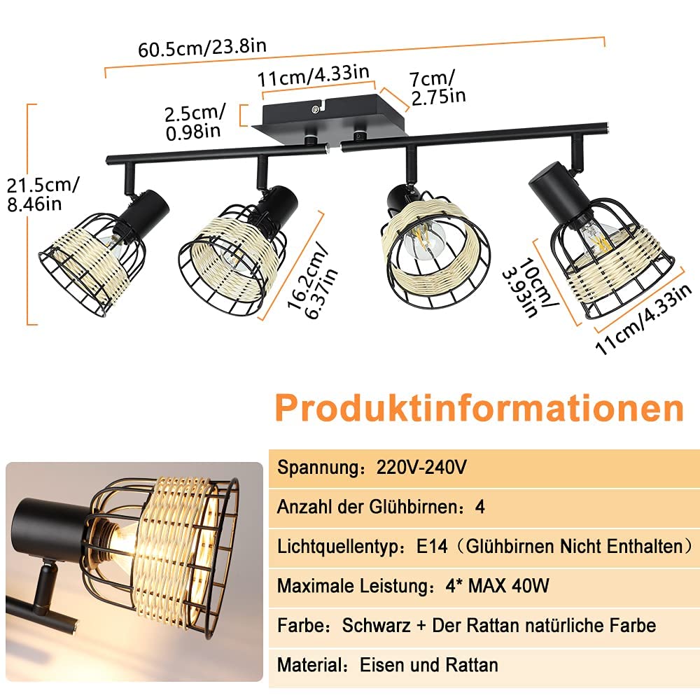 💡 Depuley stropna svetilka 4×E14 – črna z ratan senčniki