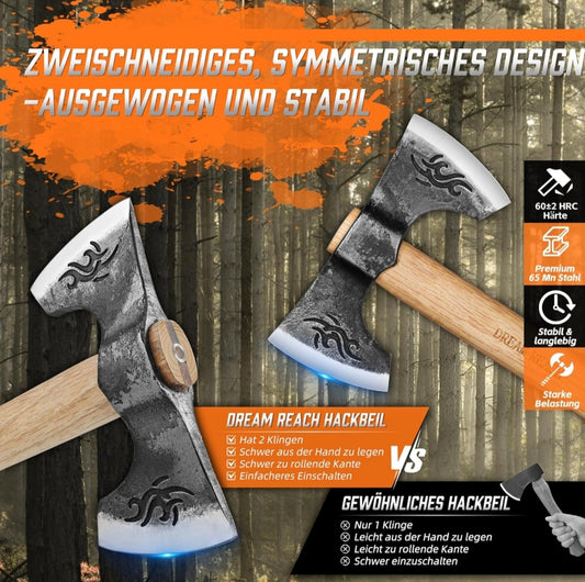 Na promocijski sliki sta prikazana dva Dvostranska sekira Dream Reach 2 kom - parametrično oblikovana podjetja Naklikaj.si z lesenimi ročaji in graviranimi rezili. Spodaj ju pari podarjajo v zaprtih prostorih. Nemško besedilo ju promovira kot simbolično darilo za kampiranje ali dekor.