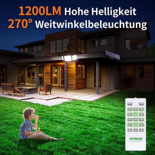 🌞Solarni LED reflektor INTELAMP z 2 senzorjema gibanja in daljinskim upravljanjem , 1200lm , 6000mah , bela svetloba - naklikaj.si
