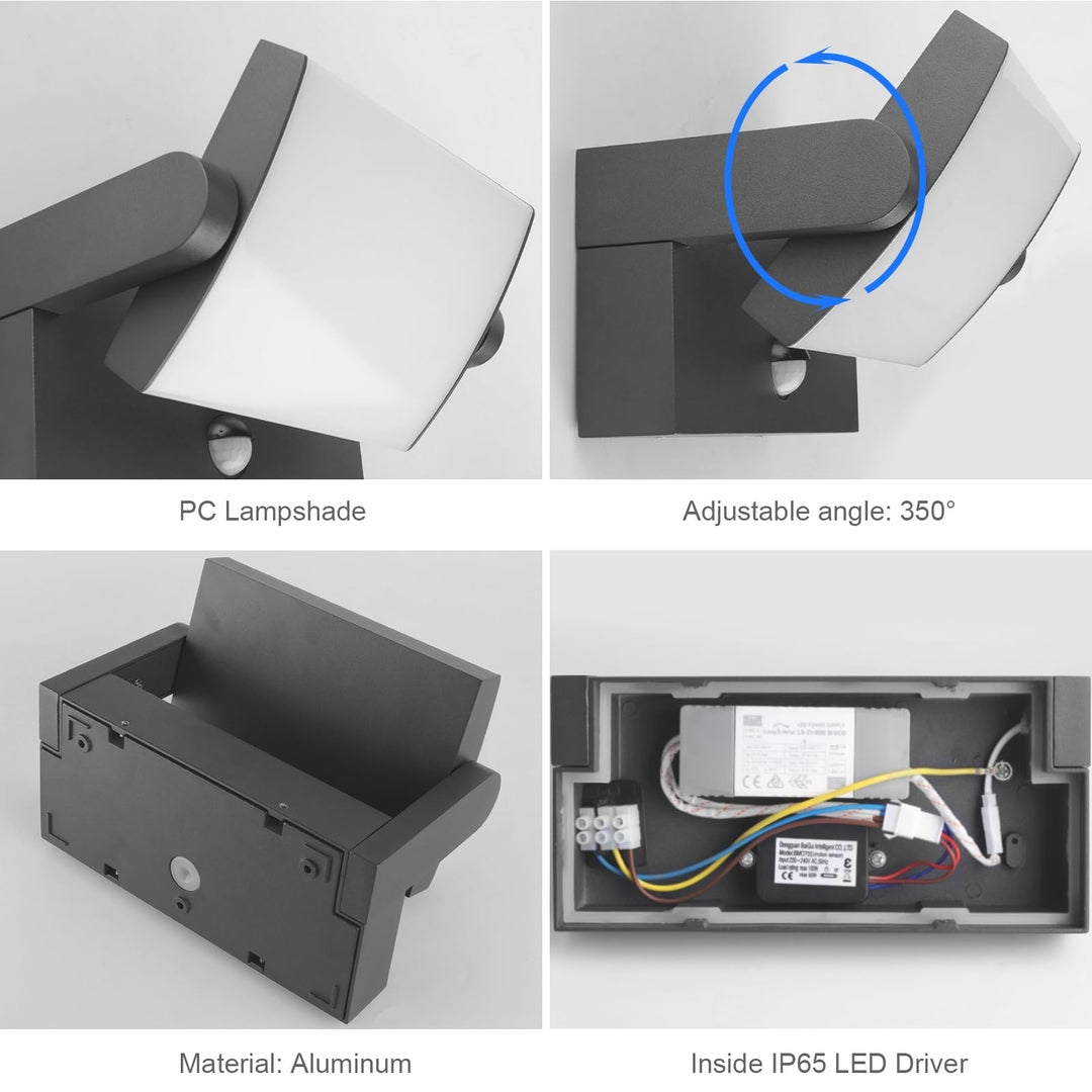 💡 Klighten 24W zunanja LED stenska svetilka z gibalnim senzorjem, temno siva (IP65, 6000K)