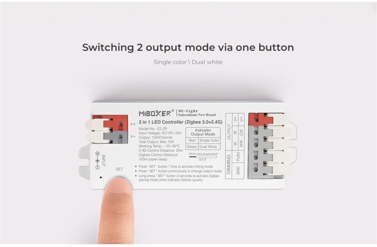 ⚡ MiBoxer E2-ZR – 2 v 1 LED kontroler (Zigbee 3.0 + 2.4GHz)