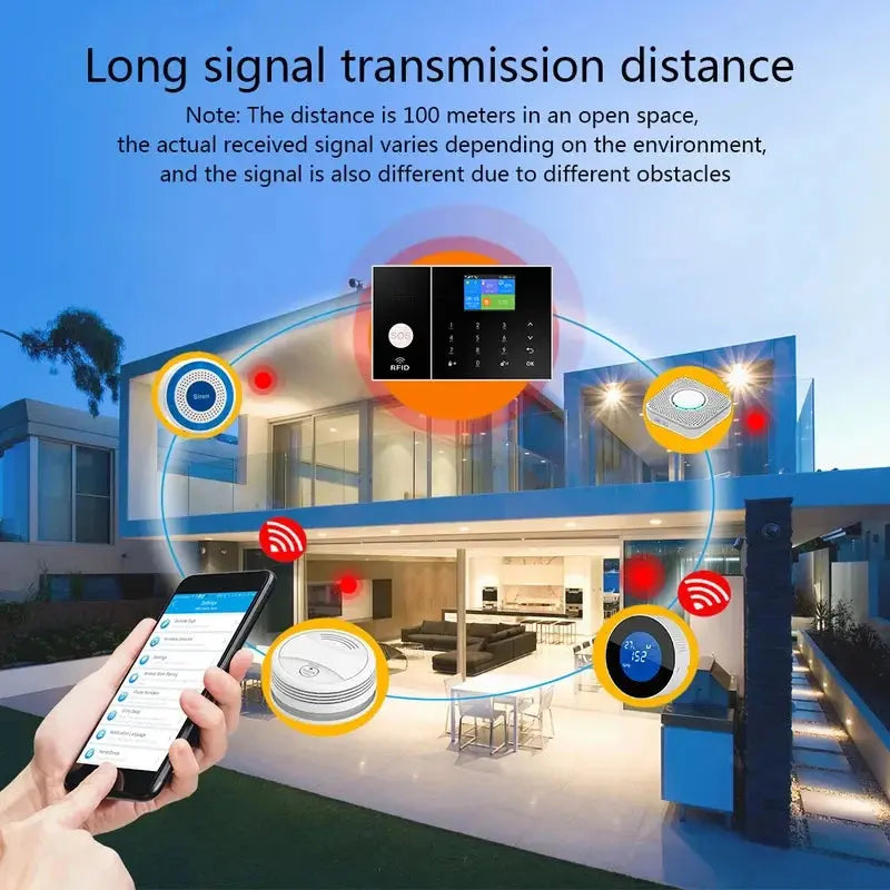 Naklikaj.si PGST pametni brezžiÄni alarmni sistem Wi-Fi + GSM (RFID, aplikacija Tuya) vkljuÄuje ploÅ”Äo z zaslonom na dotik, 2 Ärna kljuÄa, 2 daljinca, 3 senzorje gibanja, 6 senzorjev vrat/oken, gumb SOS, sireno, napajalnik in baterijo LiOn.