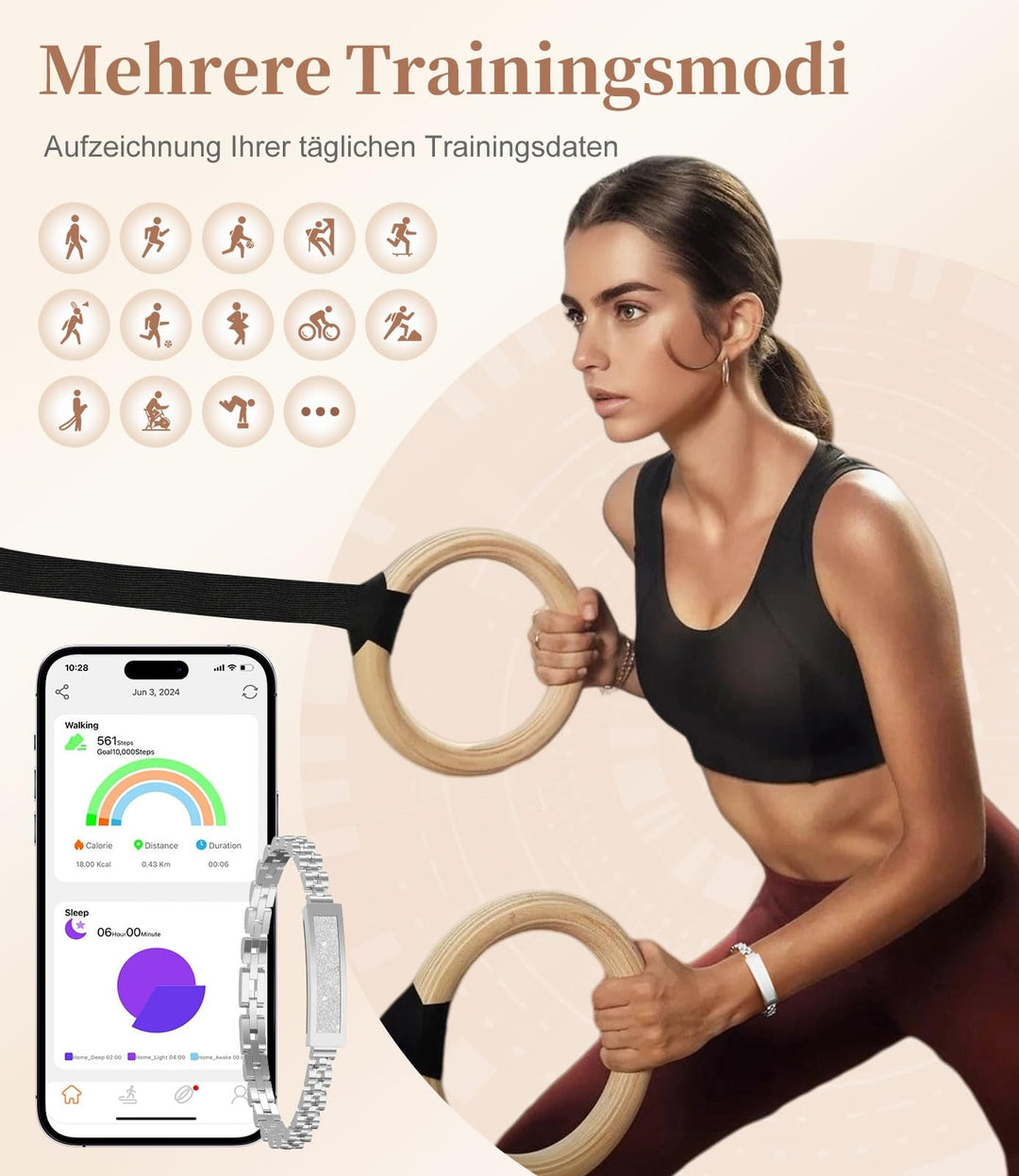 ⌚ LIGE pametna zapestnica za ženske (črna, srebrna)