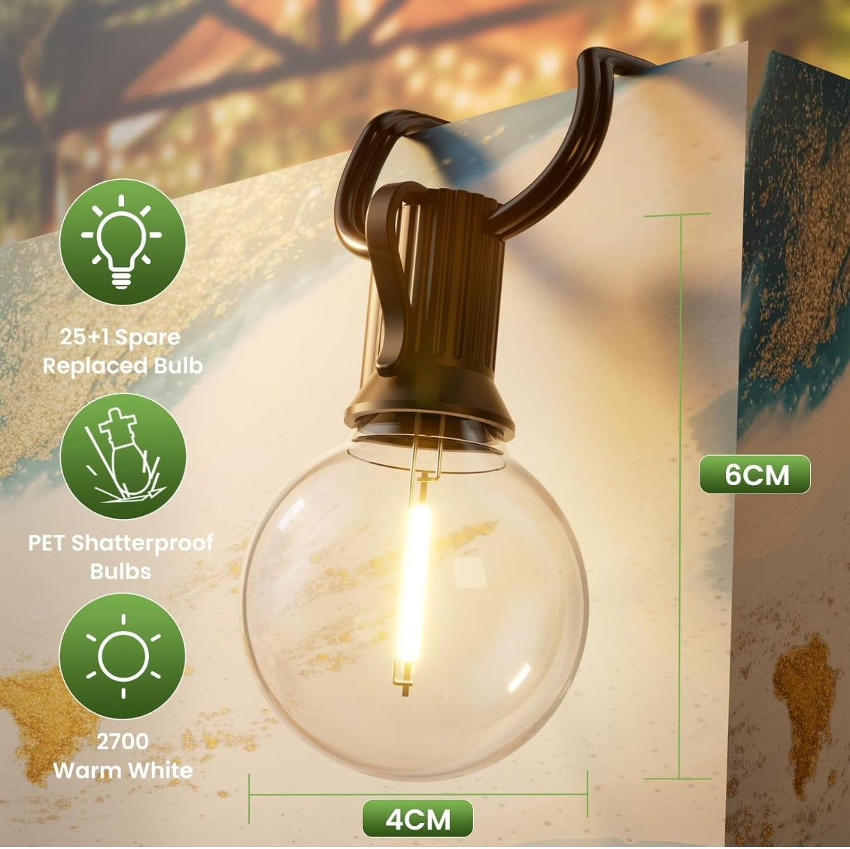 💡 Solarne verižne luči 15 m – 25+1 LED G40, USB + sončno polnjenje
