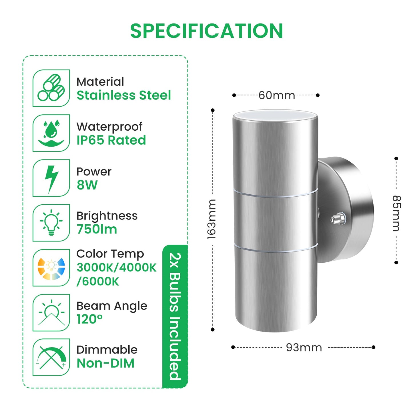 💡 ALUSSO zunanja LED stenska svetilka – 8W, 3000K-6500K, 750 lm, IP65, srebrna