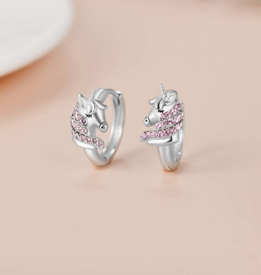 💎Otroški uhani samorog – srebro 925, Swarowski roza kristali - naklikaj.si