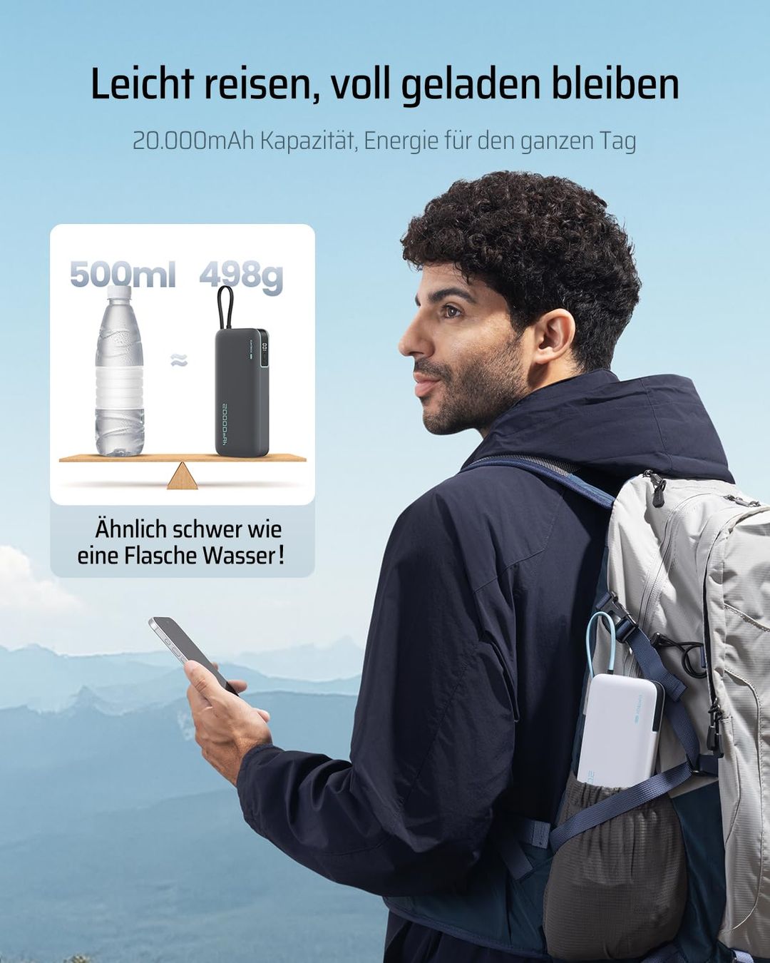 Prenosna polnilna baterija (powerbank) 20000 mAh – 45 W, vgrajen kabel USB-C - naklikaj.si