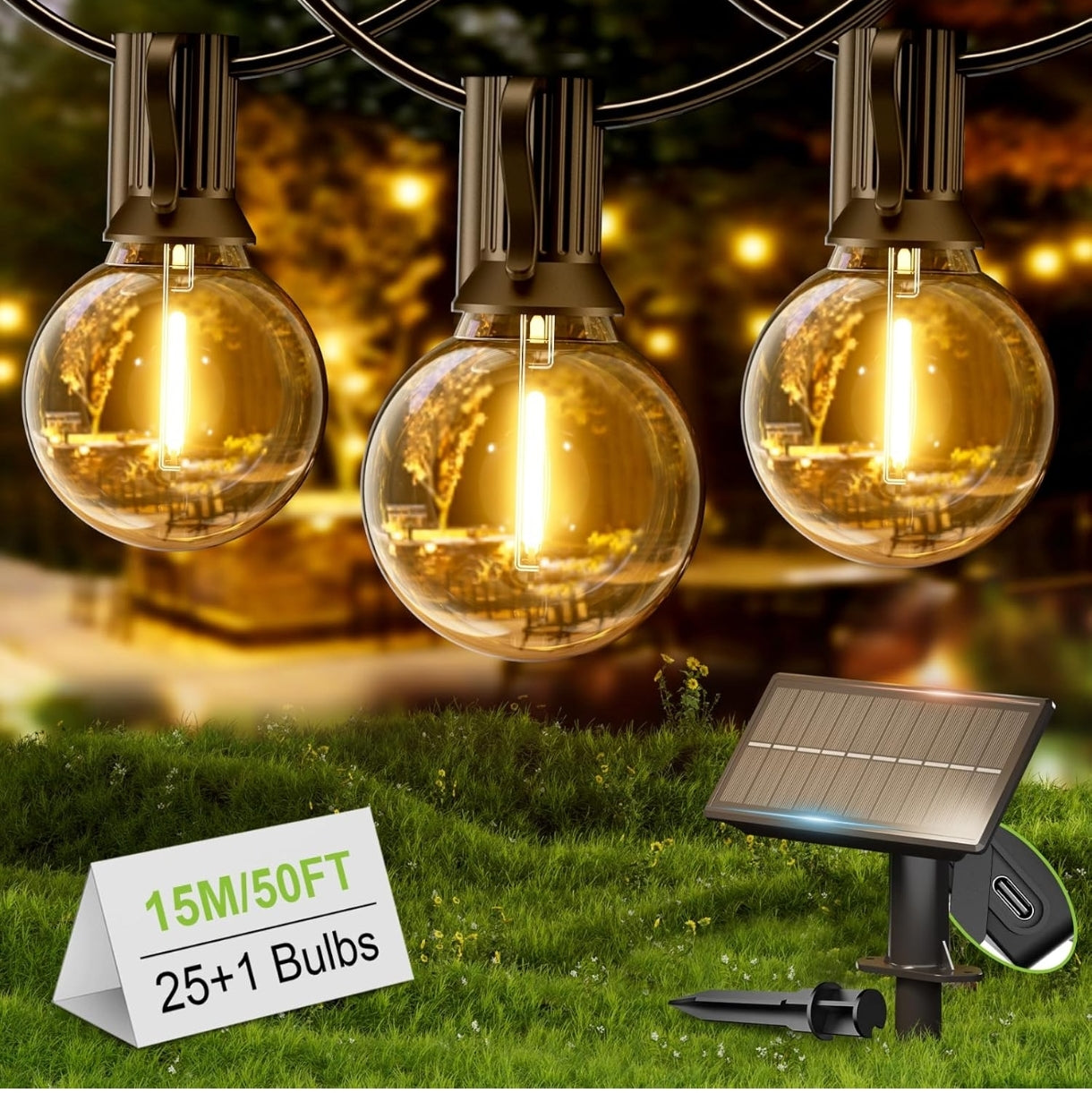 💡 Solarne verižne luči 15 m – 25+1 LED G40, USB + sončno polnjenje