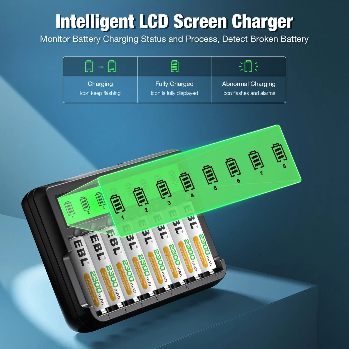 🔋 Pametni polnilec EBL + 8×3000mah baterije – LCD zaslon, USB napajanje