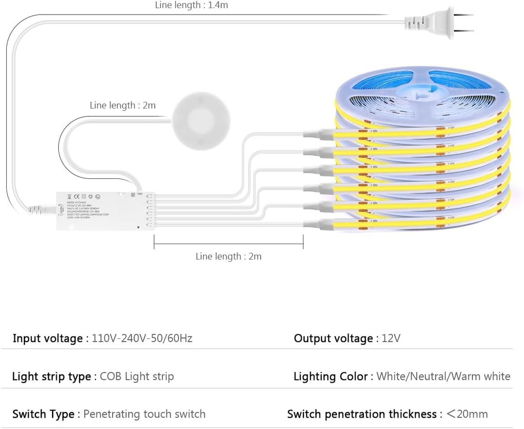 Komplet 6x2m COB LED trakov z stikalom na dotik