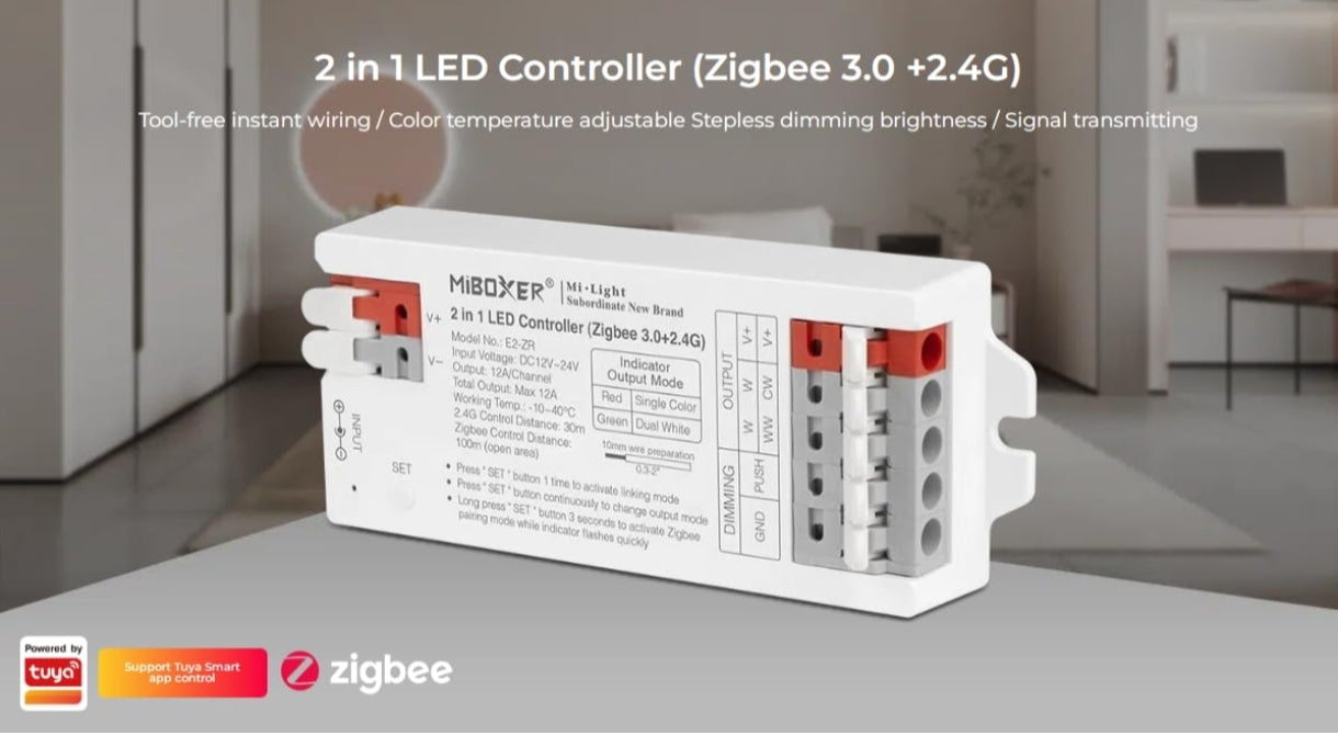 ⚡ MiBoxer E2-ZR – 2 v 1 LED kontroler (Zigbee 3.0 + 2.4GHz)