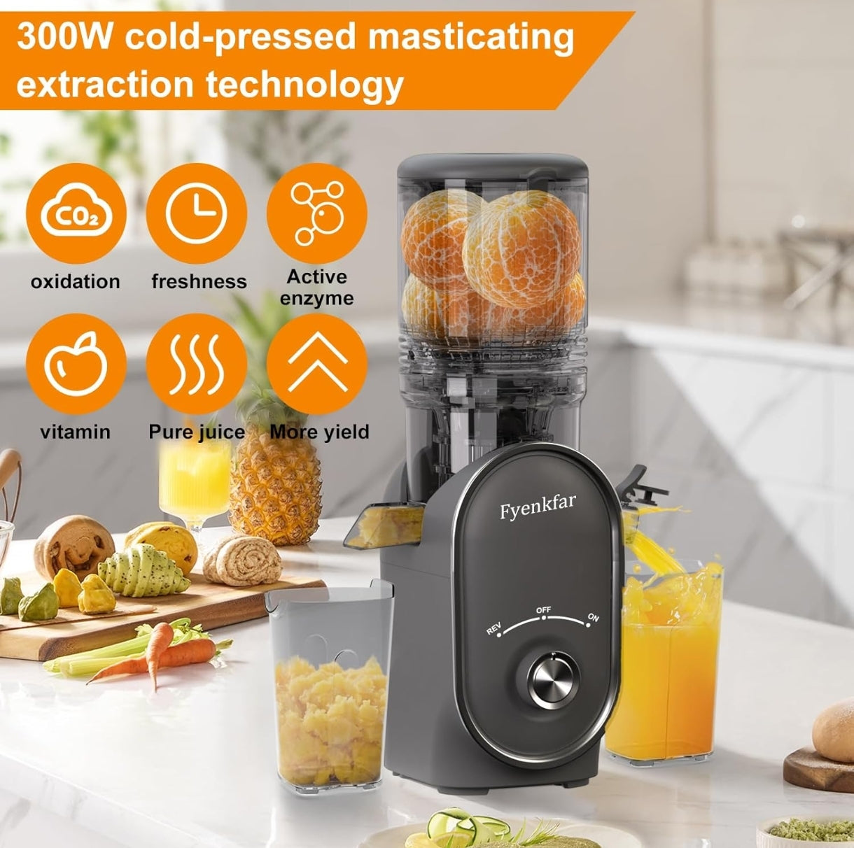 🍊 Počasni sokovnik Fyenkfar 802K, 300W – hladno stiskanje sadja in zelenjave (črn,siv)