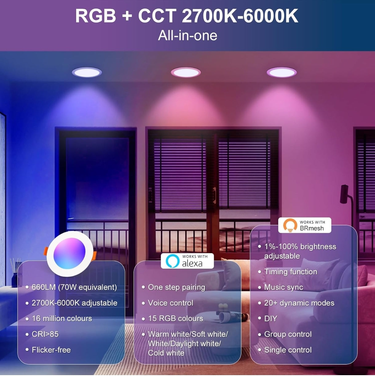 💡4x Dusktec RGB+CCT+Alexa LED smart recessed light 7W (92mm) – white