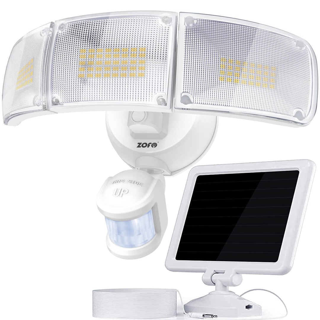 ZOFO solarni LED reflektor s senzorjem gibanja proizvajalca Naklikaj.si ponuja 2300LM svetilnosti, vodoodpornost IP65 in svetlobo 5000K. S tremi nastavljivimi paneli in ločenim solarnim panelom zagotavlja zanesljivo zunanjo varnostno osvetlitev.