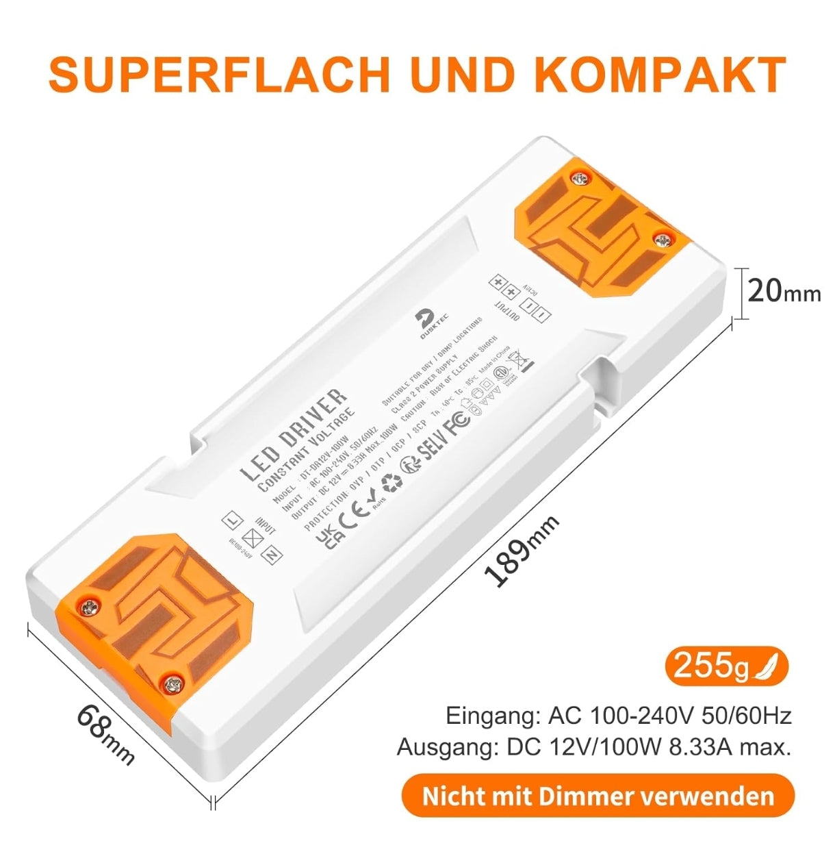 ⚡ DUSKTEC LED napajalnik 12V, 100W, IP20 – ultra tanek