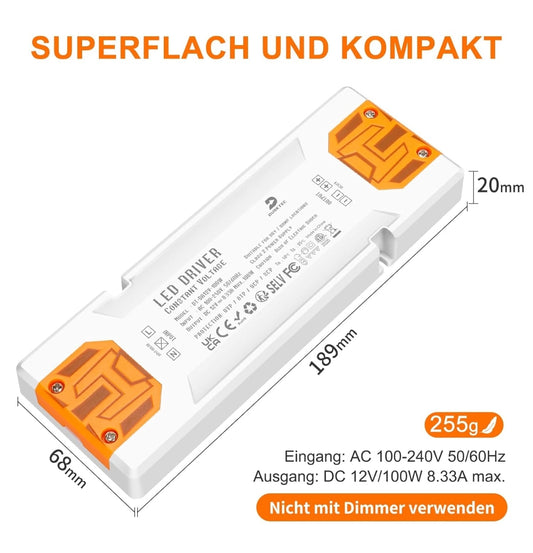 ⚡ DUSKTEC LED napajalnik 12V, 100W, IP20 – ultra tanek - naklikaj.si