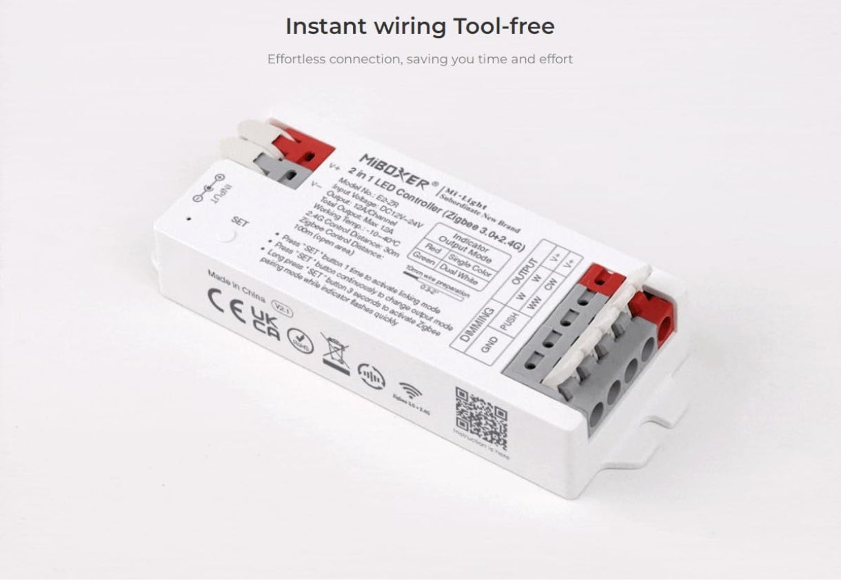 ⚡ MiBoxer E2-ZR – 2 v 1 LED kontroler (Zigbee 3.0 + 2.4GHz)