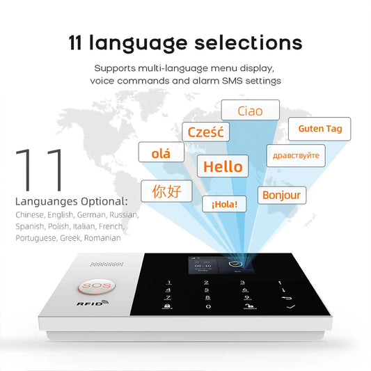 Naklikaj.si PGST Wi-Fi + GSM pametni brezžični alarmni sistem z RFID, kamero in Tuya aplikacijo vključuje touchscreen nadzorno ploščo, varnostno kamero, senzorje gibanja in vrat, daljince, SOS gumbe ter glasno sireno v elegantnih belih barvah.