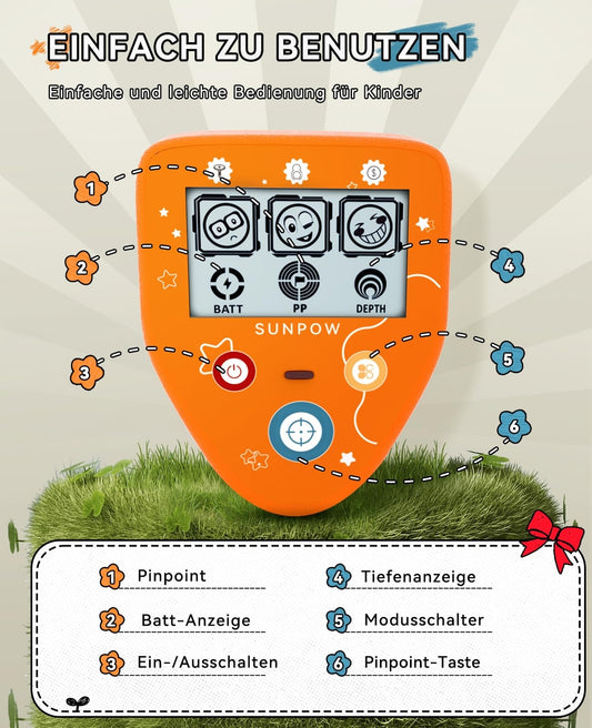 Malo rabljen SUNPOW otroški detektor kovin – vodoodporen, nastavljiv (5–12 let) - v neorginalni embalaži, deluje brezhibno
