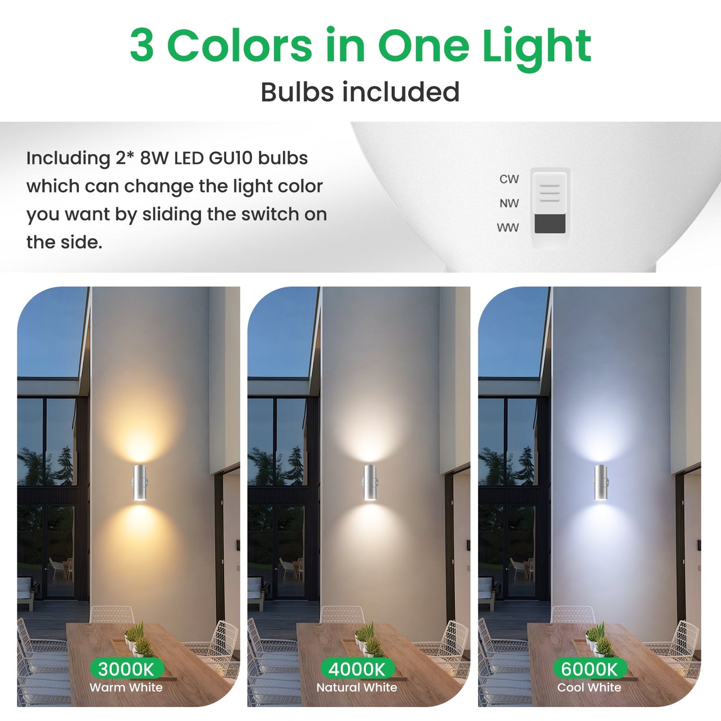 💡 ALUSSO zunanja LED stenska svetilka – 8W, 3000K-6500K, 750 lm, IP65, srebrna