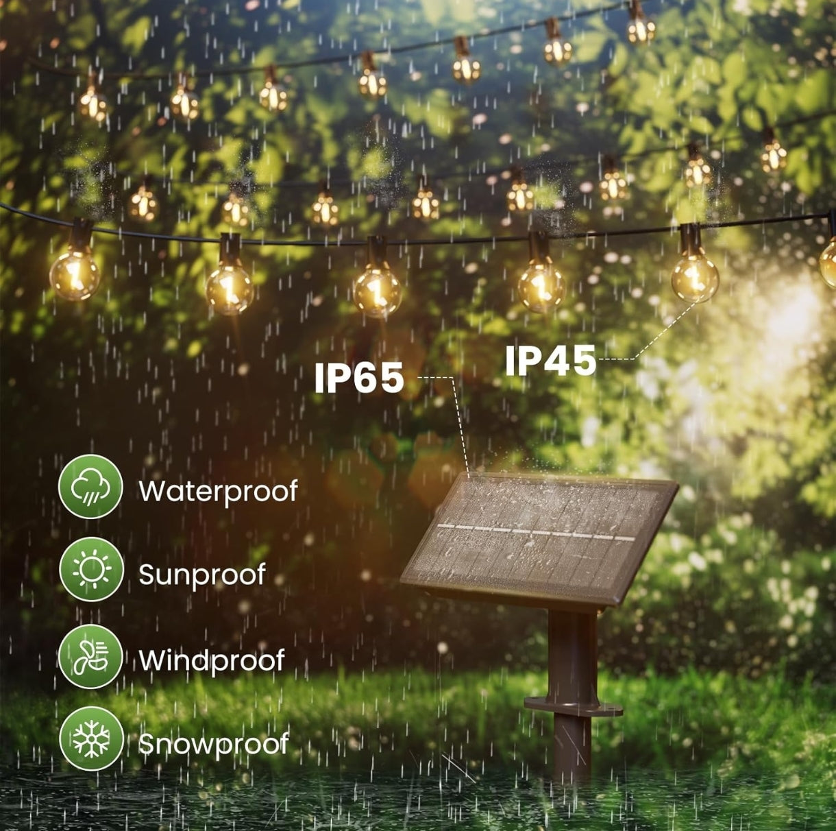 💡 Solarne verižne luči 15 m – 25+1 LED G40, USB + sončno polnjenje