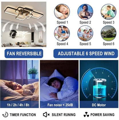 Naklikaj.si Stropna luč z ventilatorjem 80W, črna je tiha, sodobna stropna svetilka z ventilatorjem. S pametno upravljanjem upravljate luči in ventilator z daljinskim upravljalnikom ali pametnim telefonom. Zeleni listi prikazujejo pretok zraka z velikimi okni z nočnim pogledom.