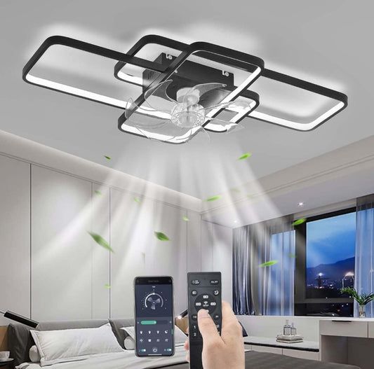 Naklikaj.si Stropna luč z ventilatorjem 80W, črna je tiha, sodobna stropna svetilka z ventilatorjem. S pametno upravljanjem upravljate luči in ventilator z daljinskim upravljalnikom ali pametnim telefonom. Zeleni listi prikazujejo pretok zraka z velikimi okni z nočnim pogledom.