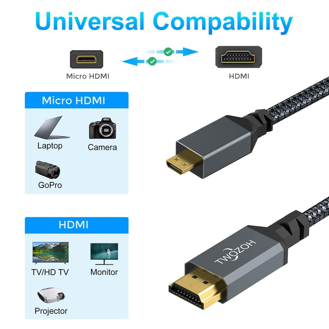 TWOZOH 10 m visokohitrostni Micro HDMI → HDMI kabel z ojačanim pletenim ovojem – 3D in 1080p kakovost slike