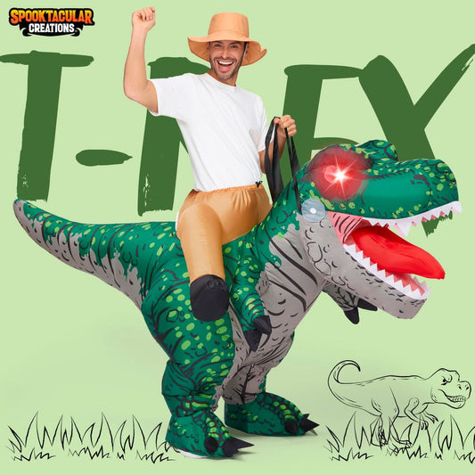 Napihljiv kostum T-Rex za odrasle s svetlečimi očmi - zelen (neoriginalna embalaža)