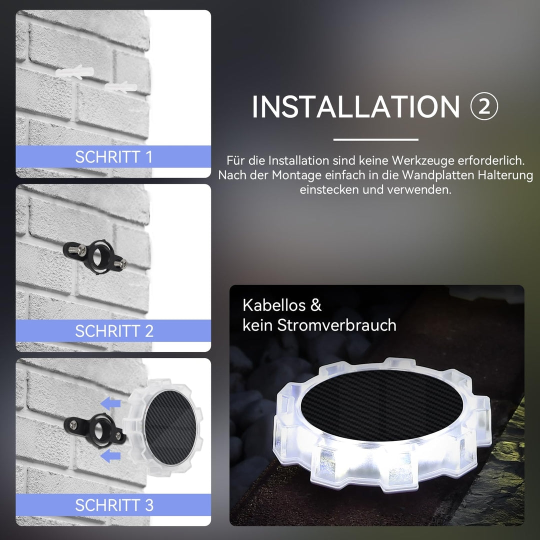 AVANLO zunanje solarne luči Naklikaj.si (komplet 6 kosov, RGB 9 LED, 4 načini osvetlitve, IP65 vodoodporne) oddajajo živahne krožne in sevalne svetlobne vzorce na teksturiranih stenah, ob strani pa so subtilno modro osvetljene stopnice.