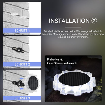 AVANLO zunanje solarne luči Naklikaj.si (komplet 6 kosov, RGB 9 LED, 4 načini osvetlitve, IP65 vodoodporne) oddajajo živahne krožne in sevalne svetlobne vzorce na teksturiranih stenah, ob strani pa so subtilno modro osvetljene stopnice.