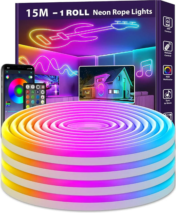 15m LED RGB neonski svetlobni trak, daljinec, aplikacija, IP67
