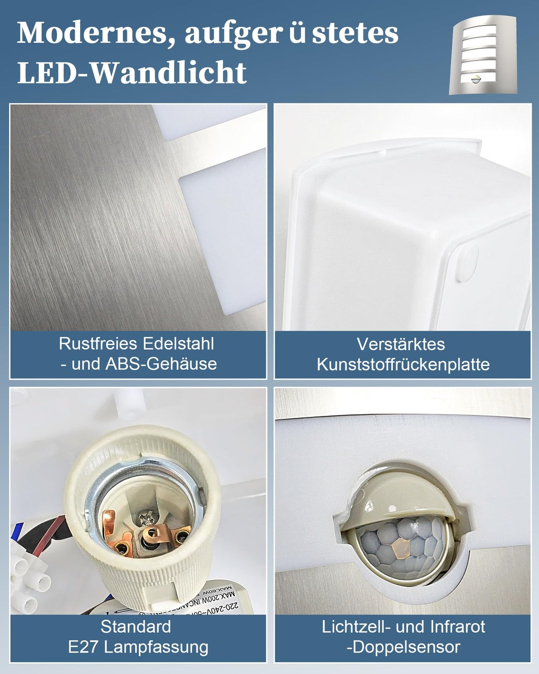 Set 2 zunanjih svetilk z detektorjem gibanja, IP44, nerjaveče jeklo z 2x 12W LED žarnicama E27 (3000K)