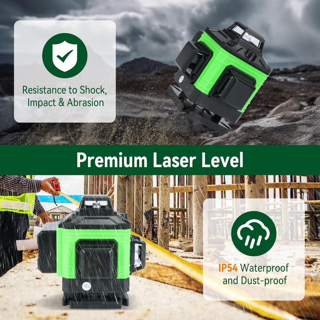 Gradbeni laser 4x360° z zelenim žarkom, 16-linijski s teleskopskim stativom + 2x baterija, garancija