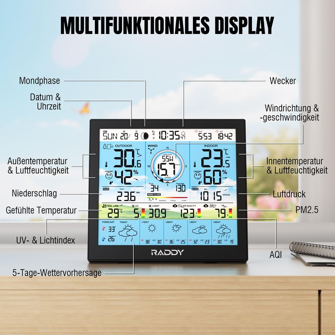 Profesionalna Raddy WF-120P WiFi vremenska postaja – 10" barvni zaslon, zunanji 7-v-1 senzor, garancija