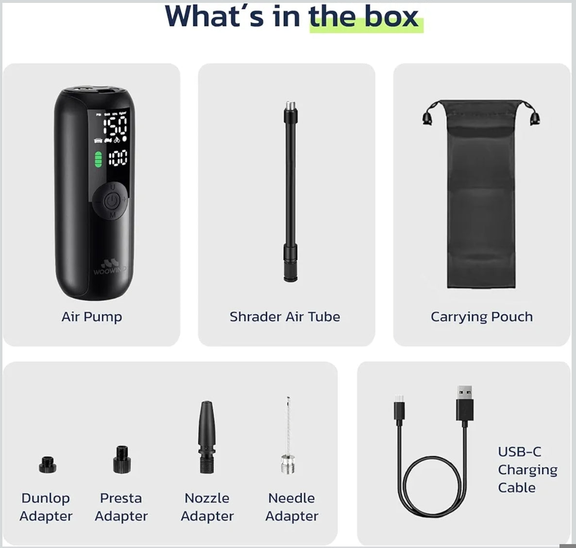 WOOWIND prenosni kompresor za pnevmatike – 150 PSI, USB-C