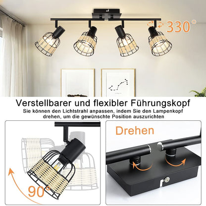 💡 Depuley ceiling lamp 4×E14 – black with rattan shades
