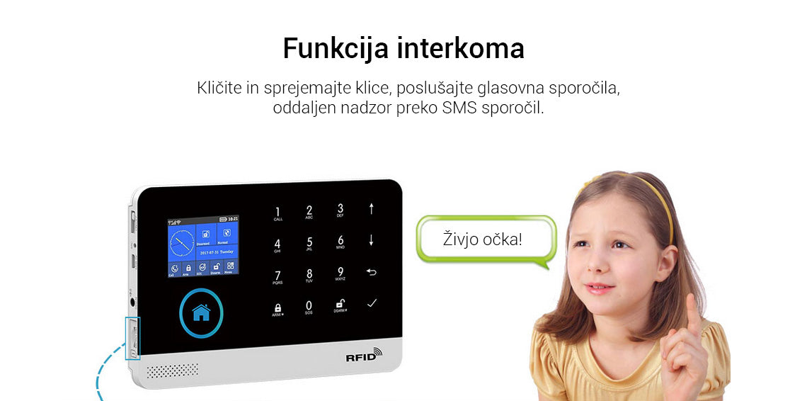 Naklikaj.si PGST pametni brezžični alarmni sistem Wi-Fi + GSM (RFID, aplikacija Tuya) vključuje ploščo z zaslonom na dotik, 2 črna ključa, 2 daljinca, 3 senzorje gibanja, 6 senzorjev vrat/oken, gumb SOS, sireno, napajalnik in baterijo LiOn.