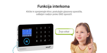Naklikaj.si PGST pametni brezžični alarmni sistem Wi-Fi + GSM (RFID, aplikacija Tuya) vključuje ploščo z zaslonom na dotik, 2 črna ključa, 2 daljinca, 3 senzorje gibanja, 6 senzorjev vrat/oken, gumb SOS, sireno, napajalnik in baterijo LiOn.