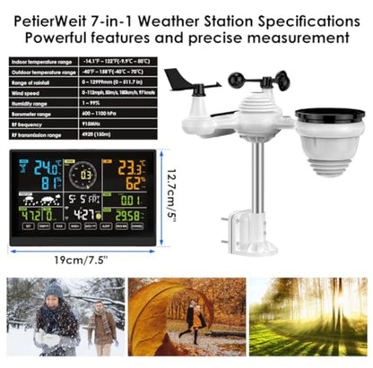 PetierWeit 7-v-1 brezžična vremenska postaja z zunanjim senzorjem in barvnim LCD zaslonom