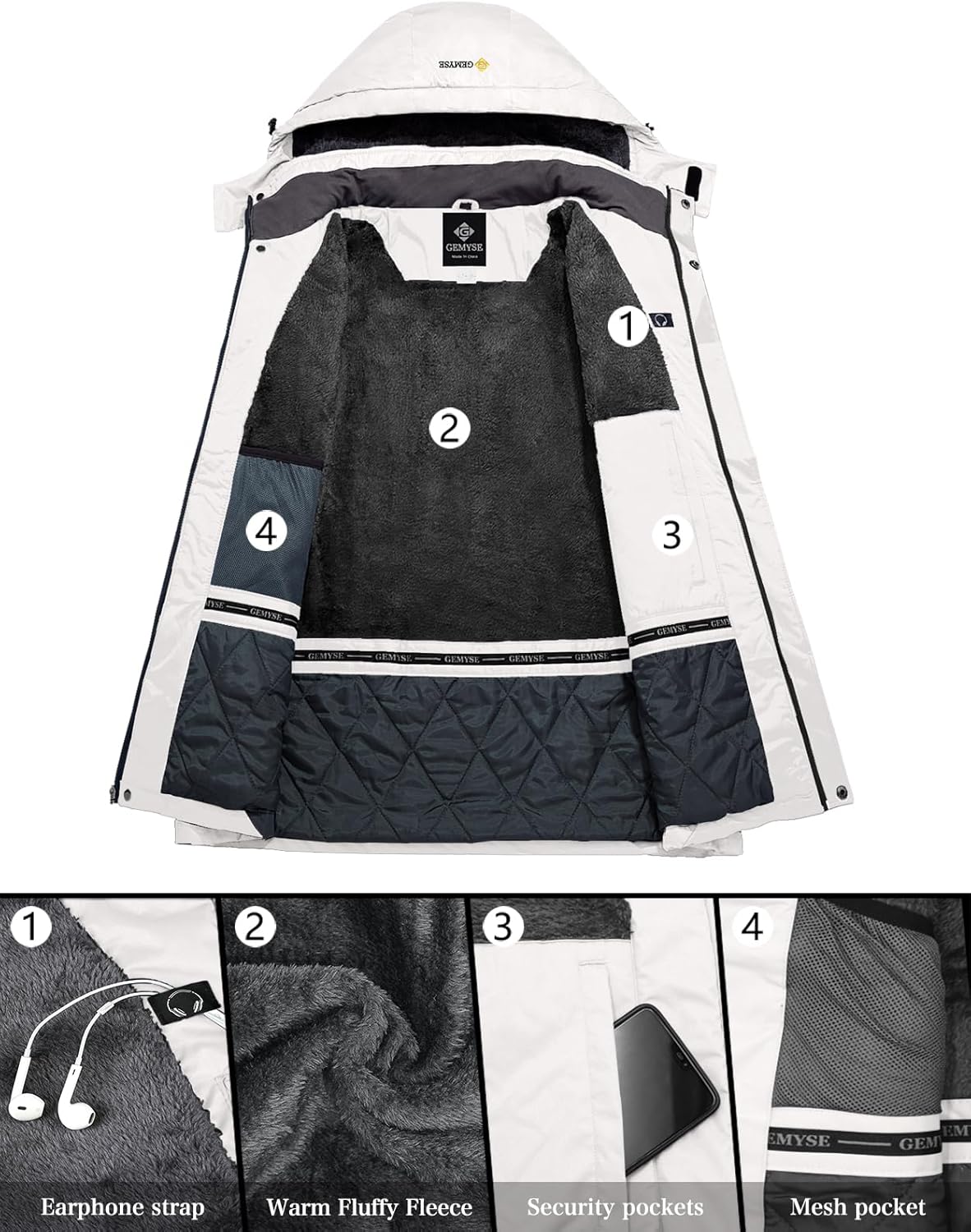 Moška zimska smučarska jakna GEMYSE – vodoodporna, topla bunda s kapuco (bela, XXL)