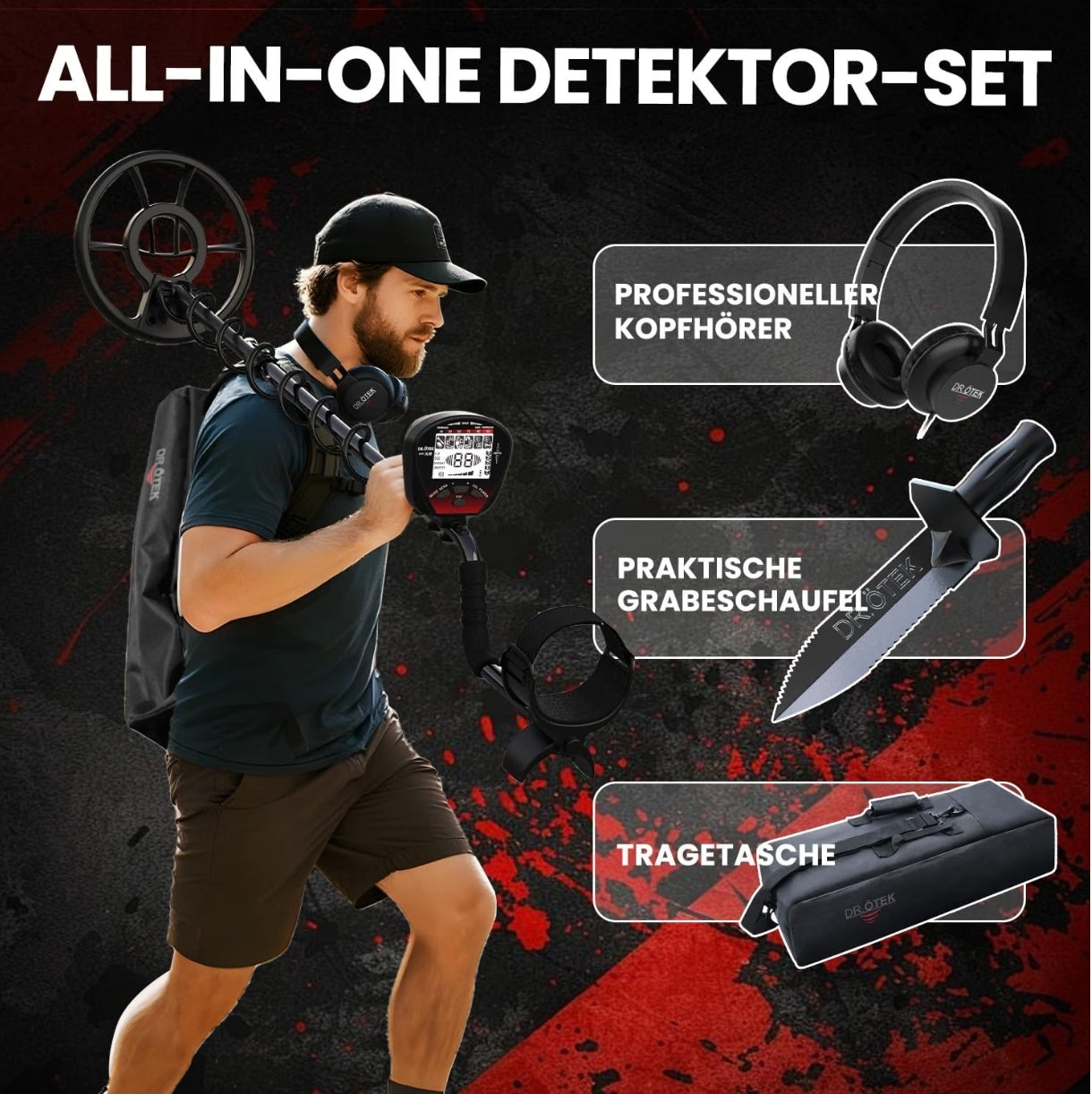 Detektor kovin DR.ÖTEK MT-XR, IP68, slušalke, lopata, torba