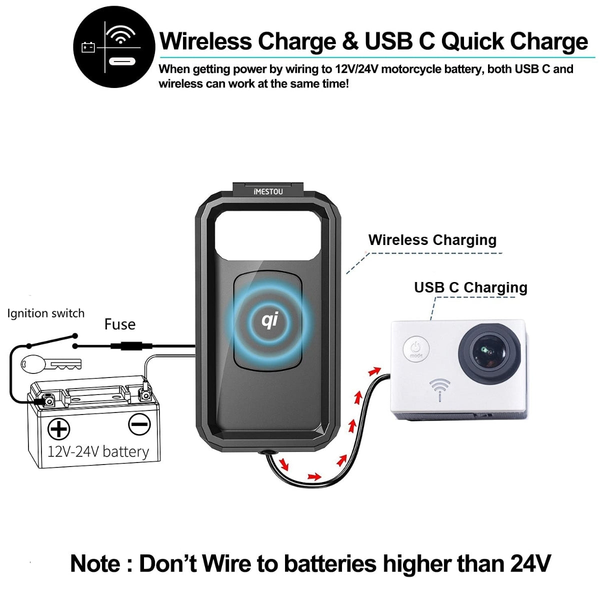 📱 iMESTOU wasserdichte Telefonhalterung (IP67) mit kabelloser Aufladung – Größe L (bis zu 6,8 Zoll)