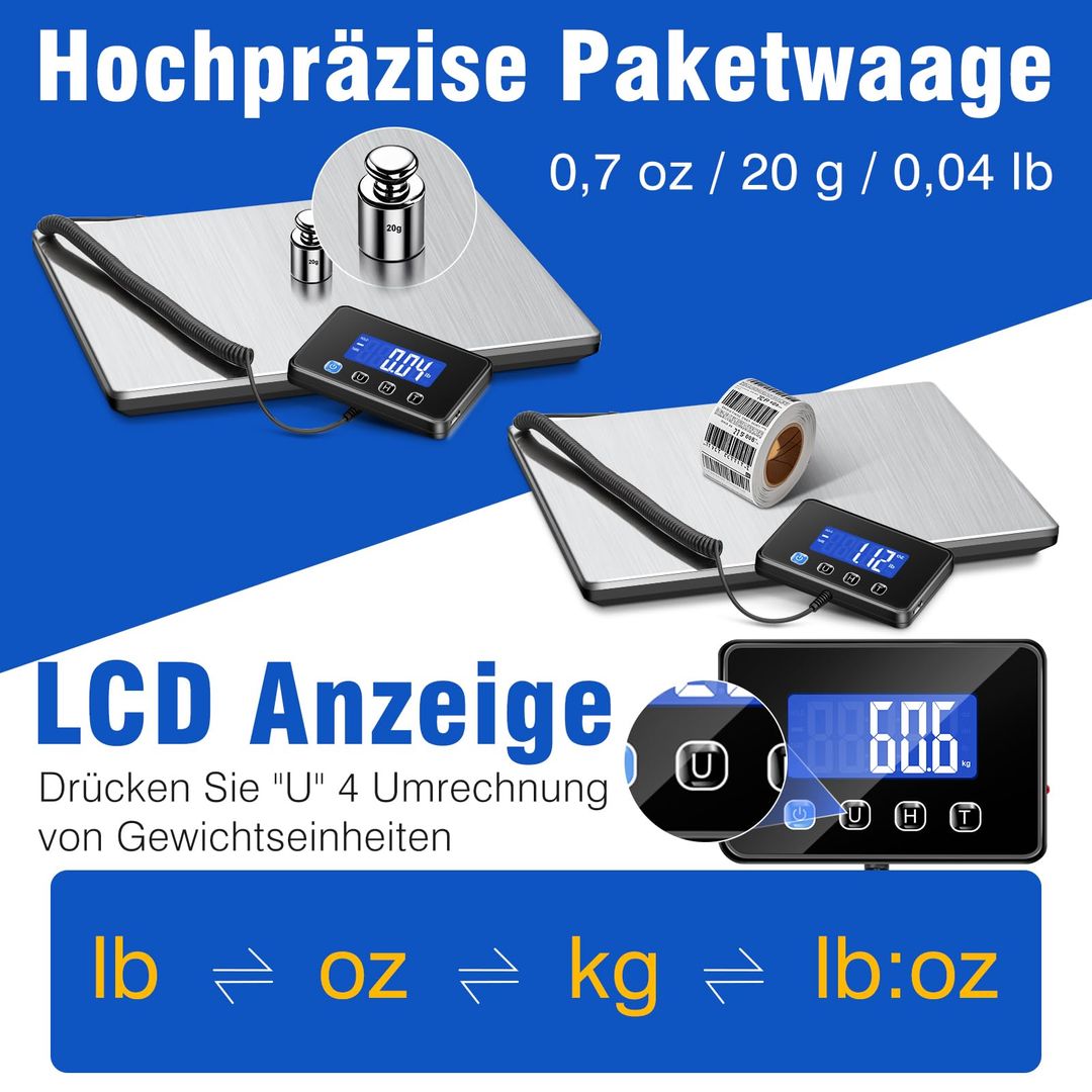 Elektronska paketna tehtnica do 300 kg z LCD zaslonom – USB polnjenje