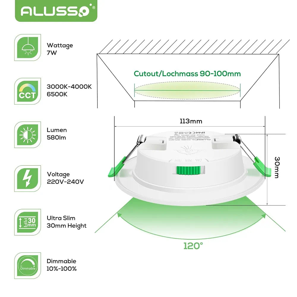 💡6x Alusso LED recessed light 7W (113mm) – white/nickel