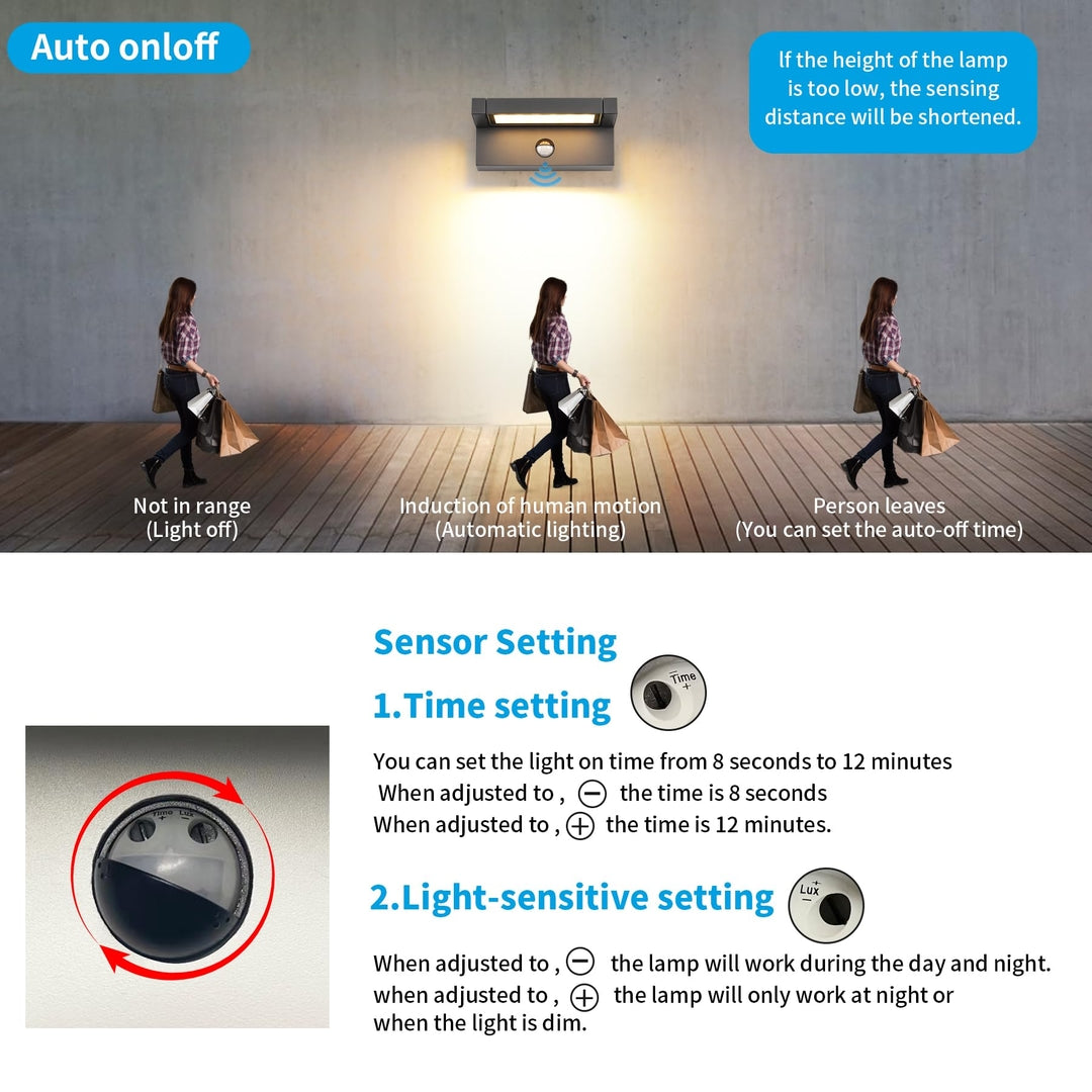 LED zunanja stenska svetilka s senzorjem gibanja, 22W, 3000K, IP65, antracit