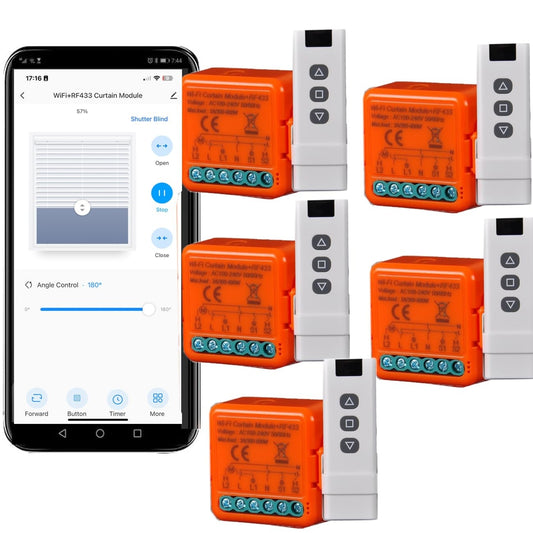 🪟 Yueyang WiFi RF433 pametni komplet za rolete/zavese – 5× modul + 5× daljinec + baterije